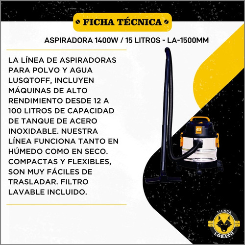Imagen 5 de 10 de Aspiradora Lüsqtoff La-1500mm 15l Acero Inoxidable 220v 50hz