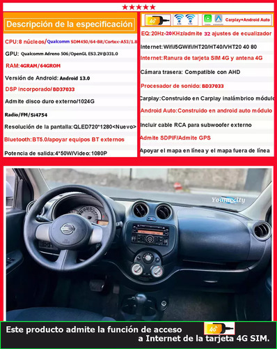 Auto Radio Estéreo Android Gps Carplay Para Nissan Versa March 10-13