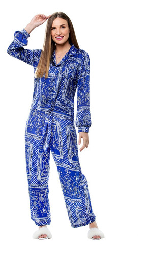 Pijama Azul Com Calça Pantalona E Blusa De Amarrar