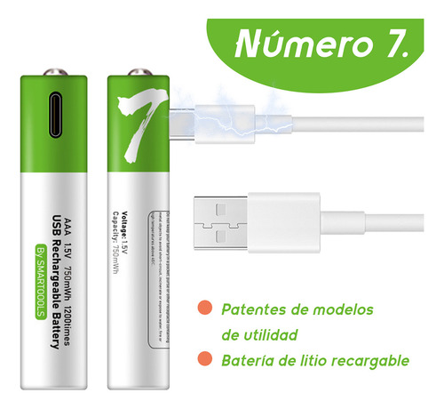 4 Pilas Número 7 Recargables Aaa Usb Tipo-c De Carga Rápida