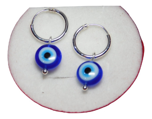 Aros Argollas Cubanas Plata 925 Con Dije Ojito Turco Azul