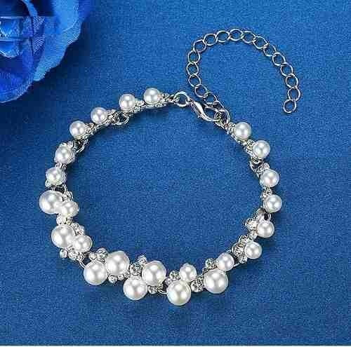 Pulseira Strass Pérola Noiva Debutante Festa Luxo Prata