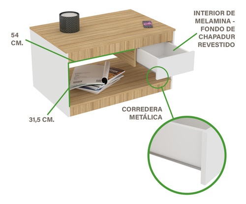 Mesa Ratona Fiplasto ME8024 para Living con Cajón Blanco y Coco