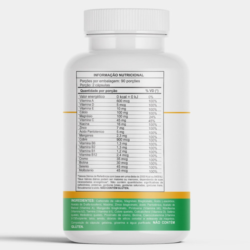 Multivitamínico Completo 180 Cápsulas Com Minerais Quelatos