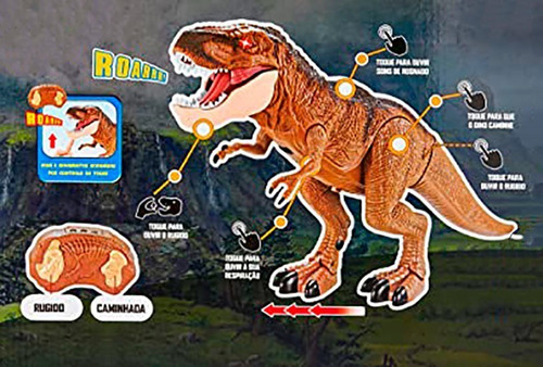 Dinossauro T-rex Controle Remoto E Sensor C/ Luz E Som Cor Marrom
