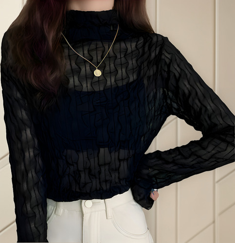 Camisetas Cuello Alto Para Mujer Tops Encaje Malla Ajustada