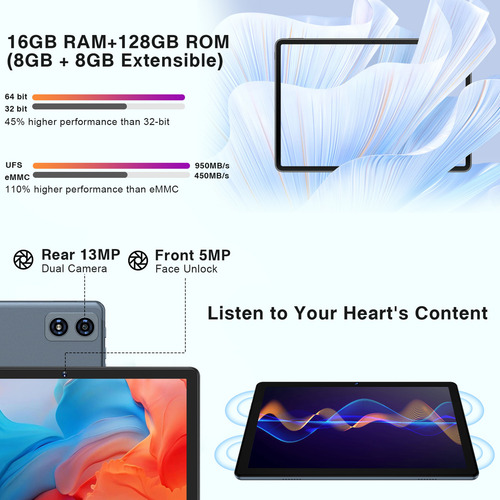 2024 Tablet 10 Pulgadas JUSYEA J6 Android 13 16GB RAM+128GB Memoria Rápida Octa-Cores Súper WiFi 65G+2.4G BT 5.0 13MP+5MP 8000mAh con Funda Teclado y Ratón Gris