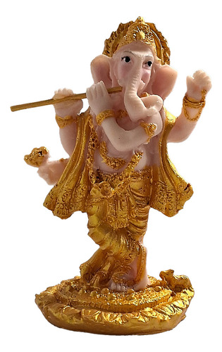 Estatueta Deus Ganesha Com Flauta  Dourada Em Resina 10cm 
