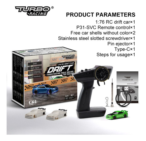 Coche Turbo Racing 1:76 C64 C63 C62 C61 Drift Rc Con Girosco