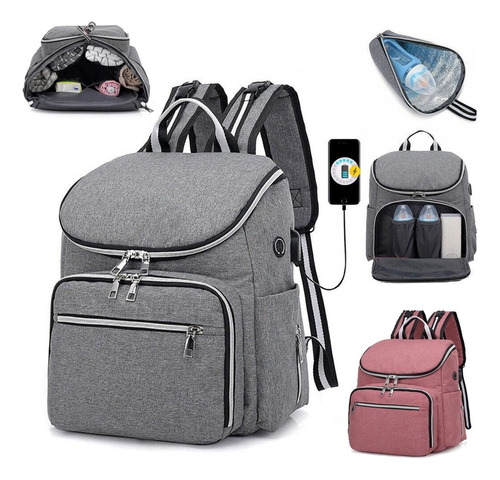 Mochila Pañalera Impermeable Térmica Con Puerto Usb Funda Para Biberón Agujero Para Audífonos Diseño Antirrobo Color Gris Diseño de la tela Liso