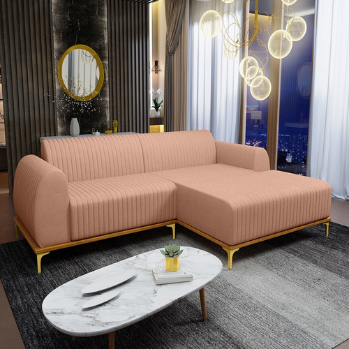 Sofá 255cm 4 Lugares Com Chaise Direito Pés Gold Molino C-10 Cor Rosa Desenho Do Tecido Liso