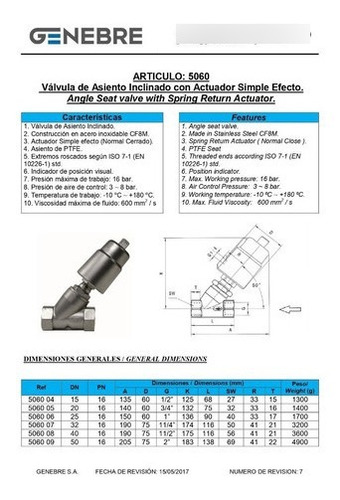 Imagen 2 de 3 de Válvula Asiento Inclinado - Actuador Neumatico Genebre 1/2