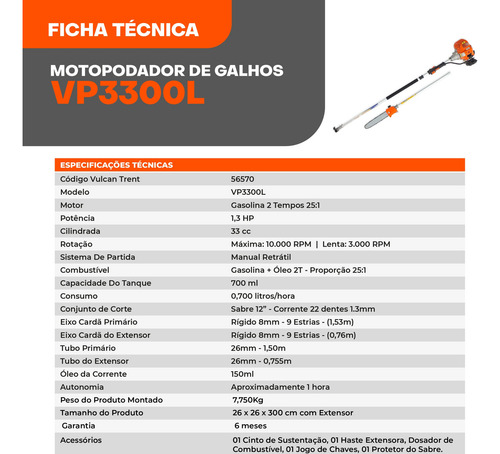 Motopodador A Gasolina 2t 33cc Com Extensor Vulcan Vp3300l