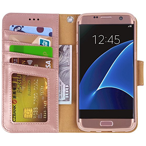 Estuche Cartera Arae Para Galaxy S7 Edge Correa Tapa Dorado