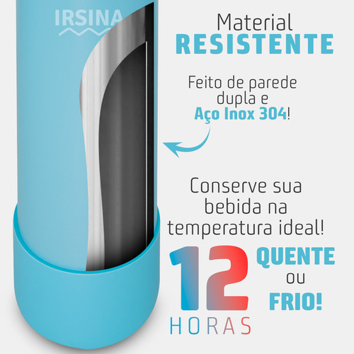 Garrafa Térmica 2 Em 1 800ml Tampa Dupla Com Canudo E Bico Alça Base Emborrachada Antiderrapante Bebida Quente E Fria Aço Inox Cor Azul Claro Irsina