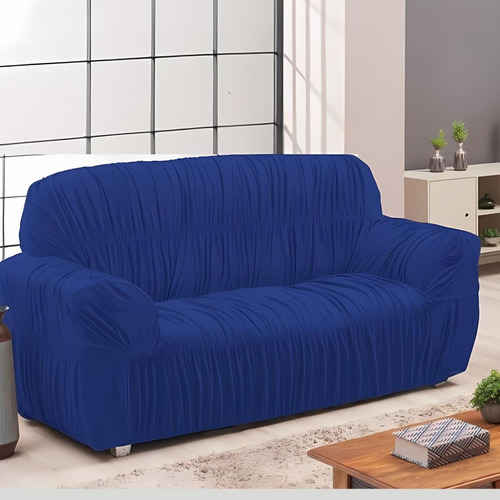 Capa De Sofá Três Lugares Elasticada De Malha Resistente Cor Azul