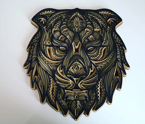 Cuadro Decorativo Leon Mandala Multicapa Grabado En Madera