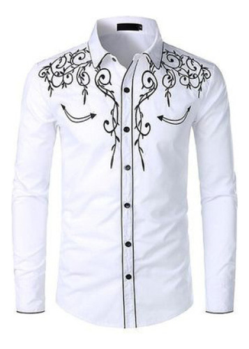 Western Vaquero Polera Hombres Marca Diseño Bordado Slim Fi