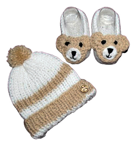 Conjunto Tejido De Zapatitos Y Gorro De Ositos Para Bebé