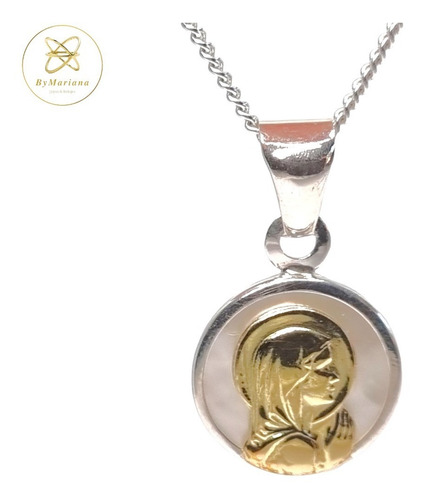 Cadena Plata + Dije Plata Y Oro Virgen Niña Con Nacar 13mm