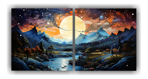 120x60cm Pintura Paisaje Montaña Con Luna Y Colores Comedor