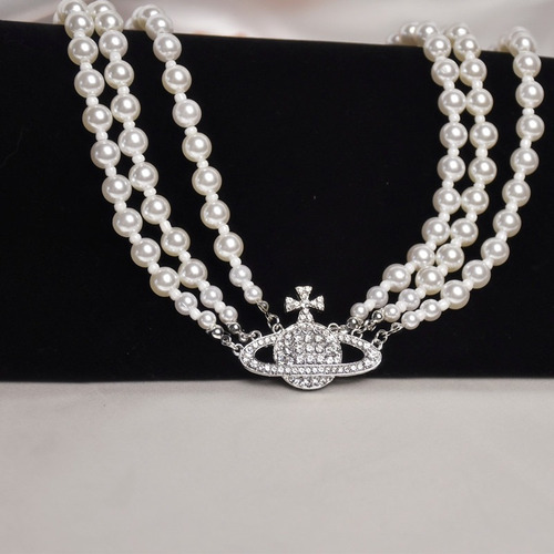 Collar De Perlas De Saturno Con Diamantes Multicapa