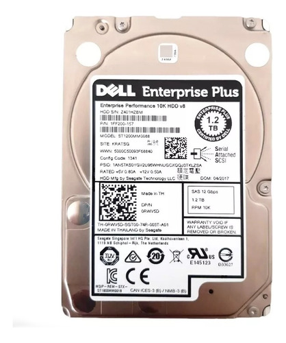 Hd Dell 1.2tb 10k 12gbps 2.5 Sas Pn Rwv5d 0rwv5d  Cor Prateado