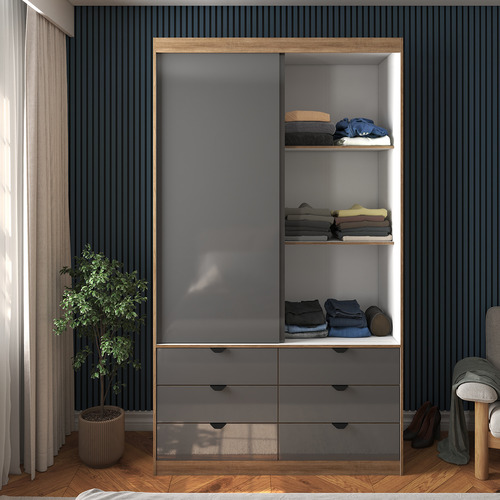 Guarda-roupa Roupeiro Solteiro Com Espelho 100% Mdf 2 Portas De Correr E 6 Gavetas Moderno. Cor Cinza Grafite Design Industrial Mod: Gautama