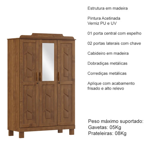 Guarda Roupa 3p Espelho Com Aplique 115 Cm 1271 Castanho Mil