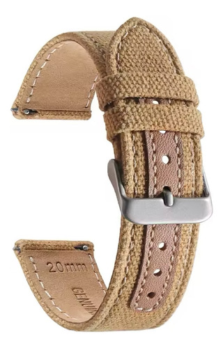 Pulseira De Relógio Lona E Couro Canvas Estilo Militar Cores Cáqui 2 Cm