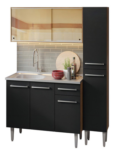 Armário Cozinha Compacta 137cm Com Pia Emilly Madesa Rp 08 Cor Rustic/Preto