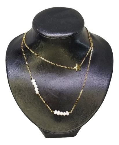 Collar  Perlas De Río Y Estrella En Acero Con Baño De Oro