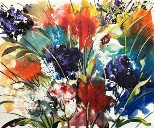 Imagem 2 de 6 de Obra/quadro Acrílico S/tela Painel Flor Espatuladas 50x60cm