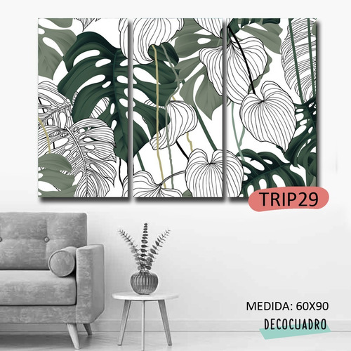 Imagen 8 de 10 de Cuadro Hojas Tríptico 60x90 Decorativo Modernos Tela Impresa