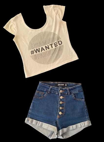 Combo Mujer Talle S/36 Short De Jean Denim + Top Blanco