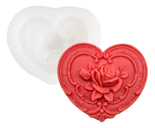 Molde Silicona Corazon San Valentin Con Rosa 3d