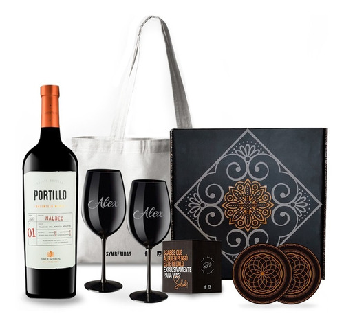 Box Set Vino Portillo Malbec 2 Copas Negras Grabadas Estuche