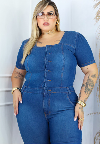 Macacão Manga Bufante Plus Size Estilo Ciganinha Moda Chic