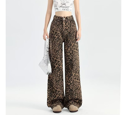 Jeans Anchos De Cintura Alta Con Estampado De Leopardo Para
