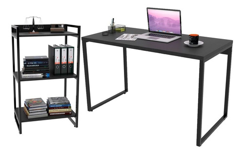 Kit Mesa Com Estante Office Industrial Form 120cm Preto Onix