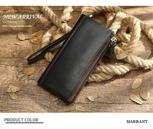 Bolso Largo De Cuero Genuino Con Cremallera Para Hombre