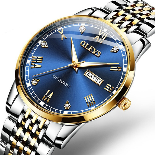 Reloj Automático Olevs Con Calendario De Negocios A Prueba D Color Del Fondo Silver Gold Blue
