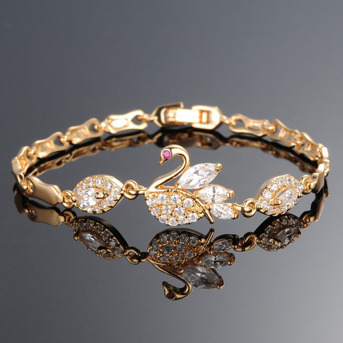 Imagen 3 de 6 de Pulsera Cisne Incrustaciones De Zirconia Y Baño De Oro 18k