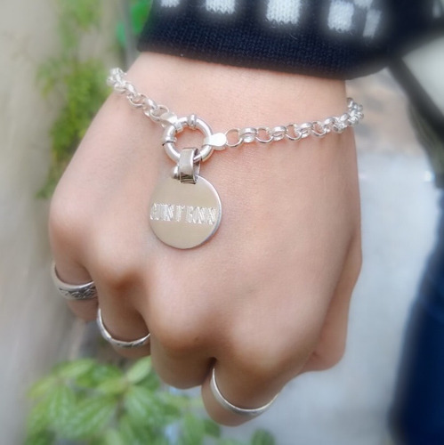 Pulsera Rolo Plata 925 Con Dije De Plata Grabado