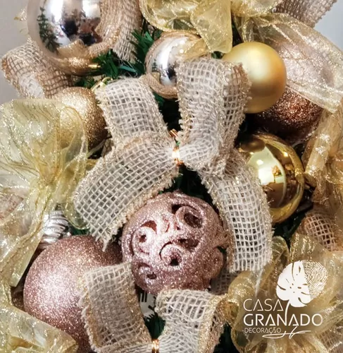 Árvore De Natal Rosa E Dourado Decorada Pronta P Uso 70cm