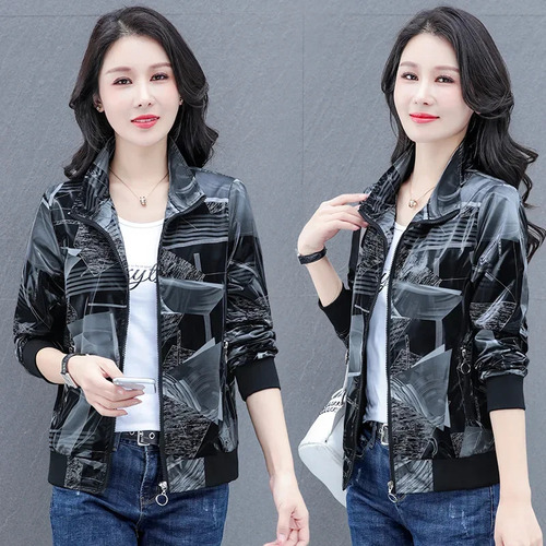 Chaqueta Estampada Con Cuello Alto Y Cremallera Para Mujer