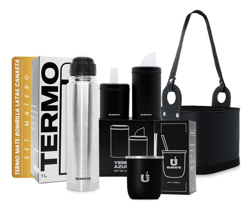 Set Matero Termo 1 L Acero Inox Mate Sumate Latas Y Canasta