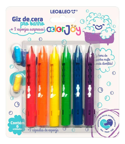 Giz De Cera Pro Banho 6 Cores + 2 Espojas Surpresas Leo&leo