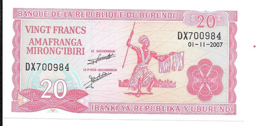 Liquido Billete De Burundi.  20 Francos 2007 Unc.