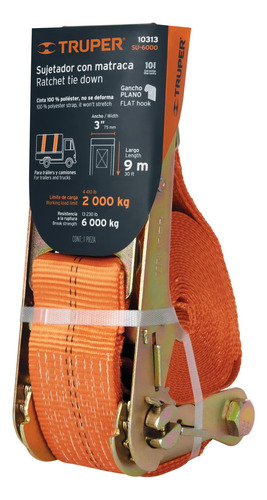 Sujetador Con Matraca Carga Máxima 6000 Kg, Truper 10313 Naranja